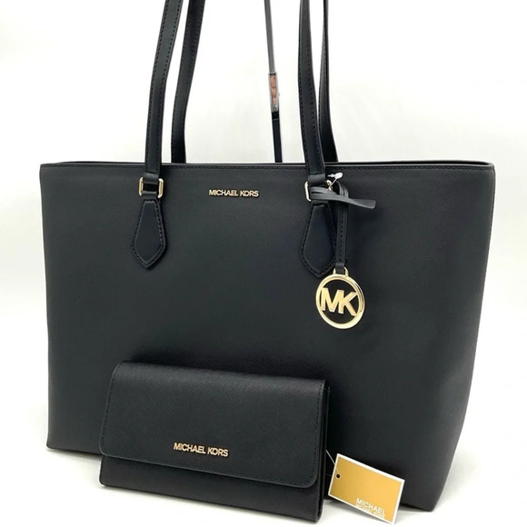 Michael Kors Bag Large Sheila Mf Tote Bag & Large Trifold Wallet Black/Gold - Picture 1 of 14